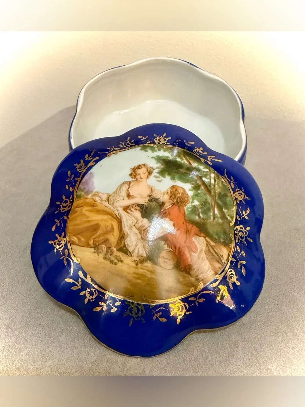 RS Prussia Reproduction Trinket Box Victorian Lovers Blue Gold Porcelain